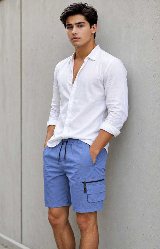 Men’s Cargo Combat Multi Pocket Elastic Waist Lightweight Blue Short