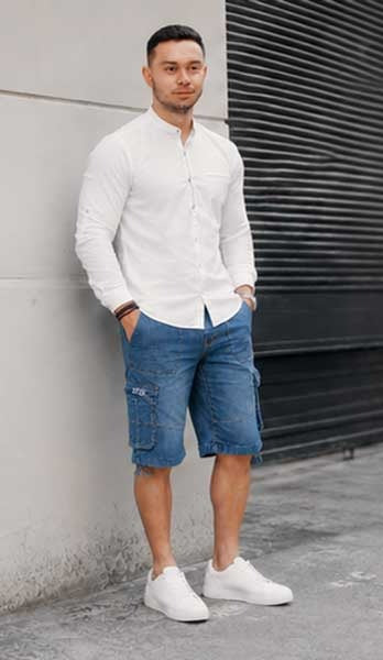 Men's Combat Style Multi-Pocket Denim Cargo Royal Blue Short