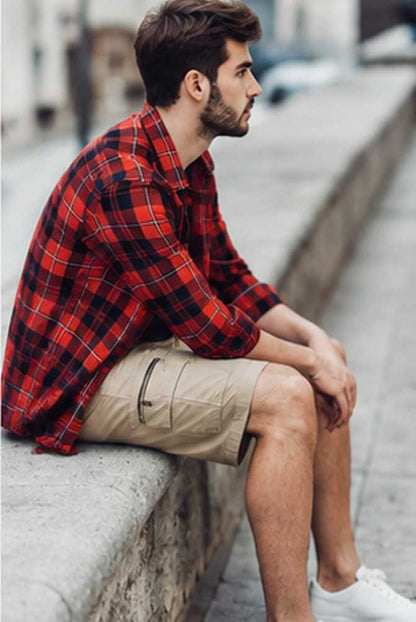 Men's Multi Pocket Cargo Beige Short Elastic Waist Lightweight Hiking Work Short