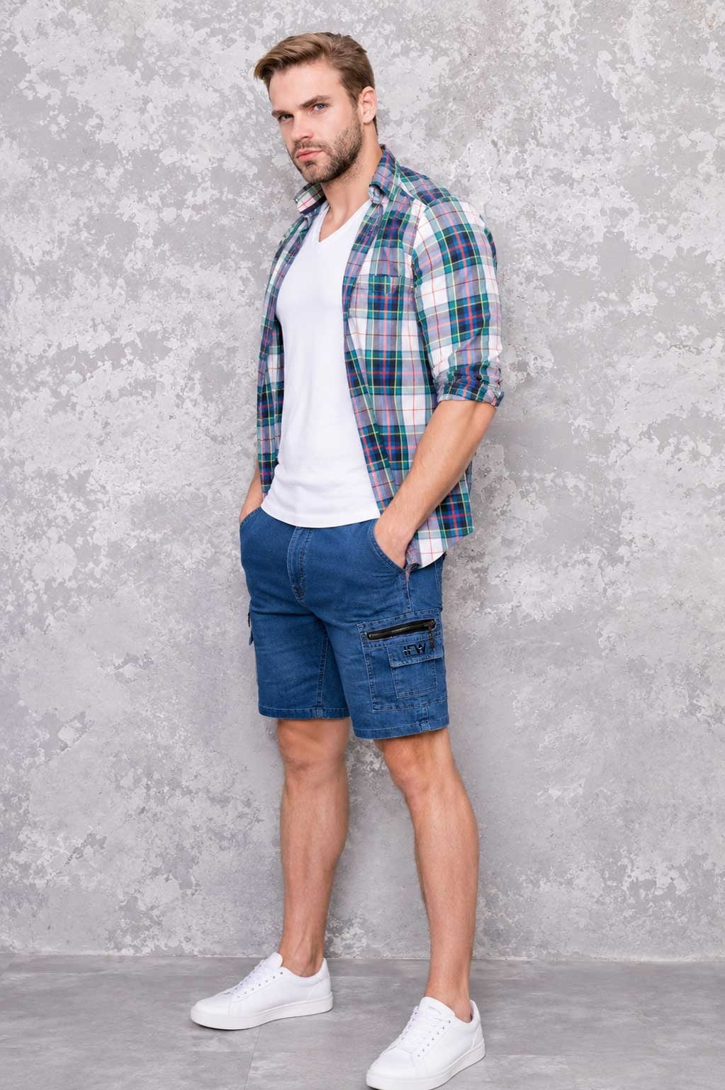Men's Lightweight Cargo Combat Denim Short with Elastic Waist & Multiple Pockets