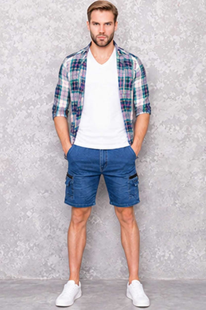 Men's Lightweight Cargo Combat Denim Short with Elastic Waist & Multiple Pockets