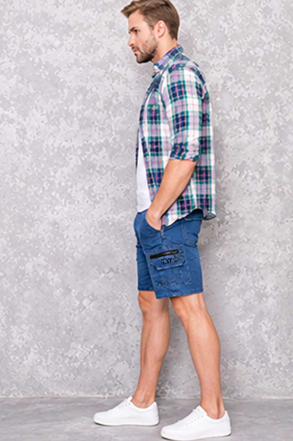 Men's Lightweight Cargo Combat Denim Short with Elastic Waist & Multiple Pockets