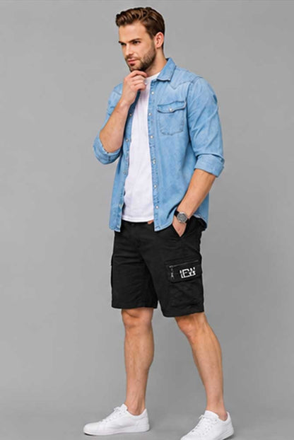 Men’s Elasticated Waist Light weight Cargo Combat Multi Pocket Black Short