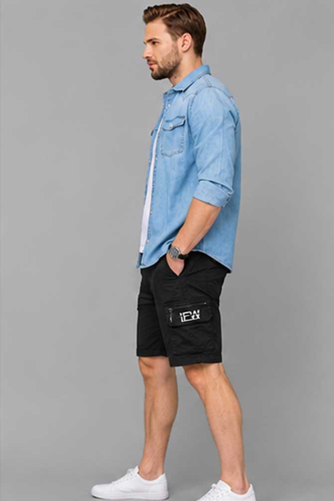 Men’s Elasticated Waist Light weight Cargo Combat Multi Pocket Black Short