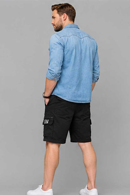 Men’s Elasticated Waist Light weight Cargo Combat Multi Pocket Black Short