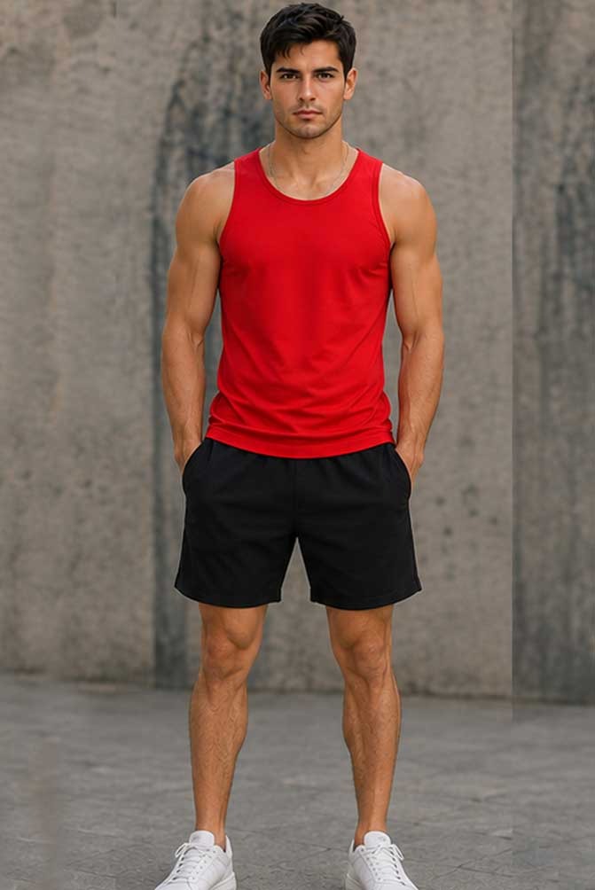 Men's 100% Cotton Red Vest Sleeveless Training Gym Workout Summer Casual Top