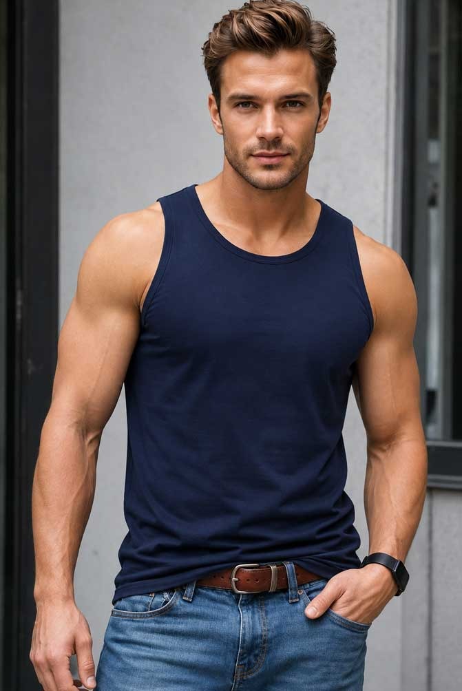Men's 100% Cotton Sleeveless Navy Vest Tank Top Lightweight Gym Fitness Wear