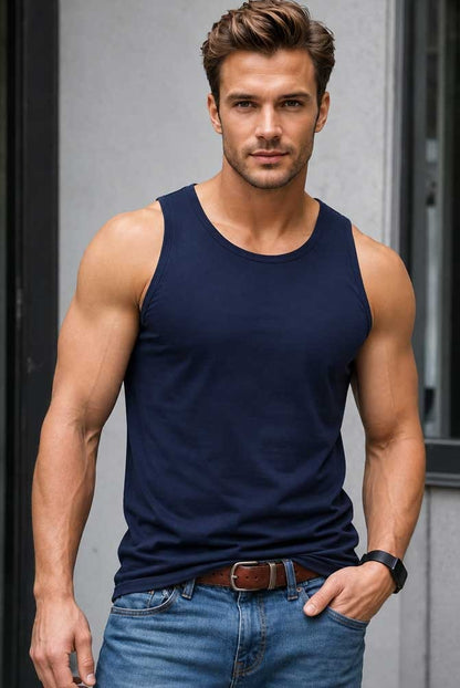 Men's 100% Cotton Sleeveless Navy Vest Tank Top Lightweight Gym Fitness Wear