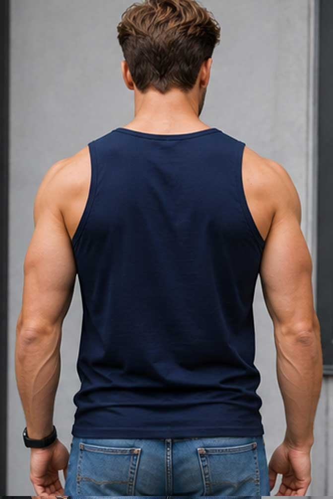 Men's 100% Cotton Sleeveless Navy Vest Tank Top Lightweight Gym Fitness Wear
