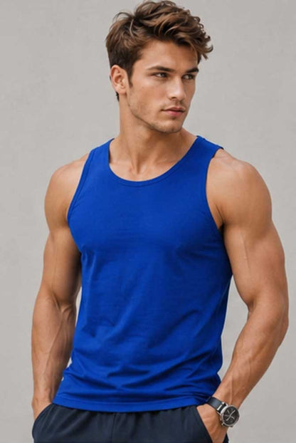 Men's Cotton Blue Vest 100% Cotton Sleeveless Tank Top Gym Workout Summer T-Shirt