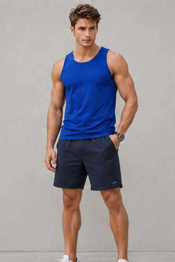 Men's Cotton Blue Vest 100% Cotton Sleeveless Tank Top Gym Workout Summer T-Shirt