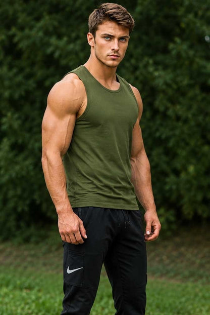 Men's 100% Cotton Tank Top Sleeveless Olive Green Vest Summer Gym Training Casual Undershirt