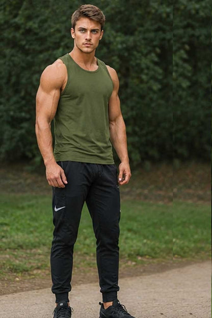 Men's 100% Cotton Tank Top Sleeveless Olive Green Vest Summer Gym Training Casual Undershirt