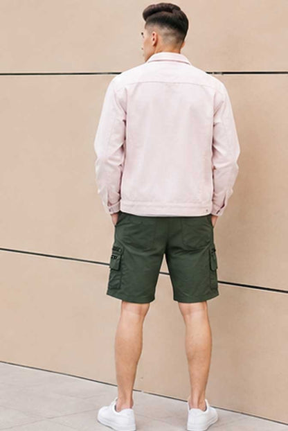 Men's Elasticated Waist Lightweight Cargo Combat Olive Green Short Multi Pocket Casual Work Short