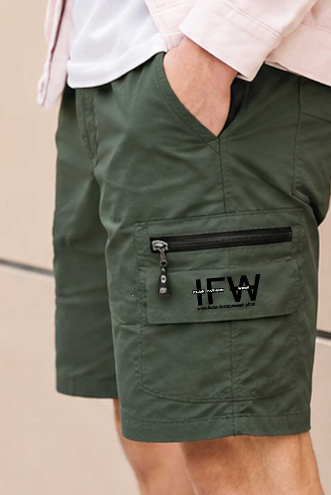 Men's Elasticated Waist Lightweight Cargo Combat Olive Green Short Multi Pocket Casual Work Short