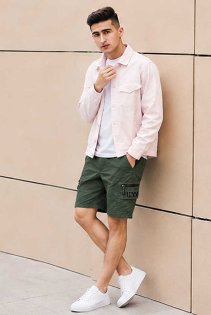 Men's Elasticated Waist Lightweight Cargo Combat Olive Green Short Multi Pocket Casual Work Short