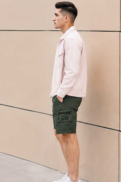 Men's Elasticated Waist Lightweight Cargo Combat Olive Green Short Multi Pocket Casual Work Short