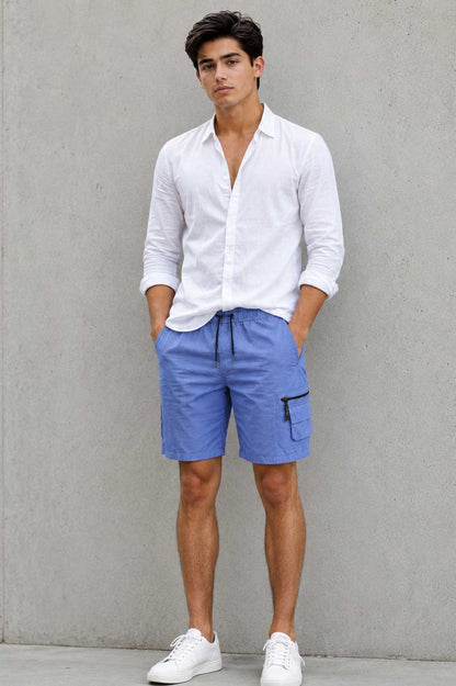 Men’s Cargo Combat Multi Pocket Elastic Waist Lightweight Blue Short