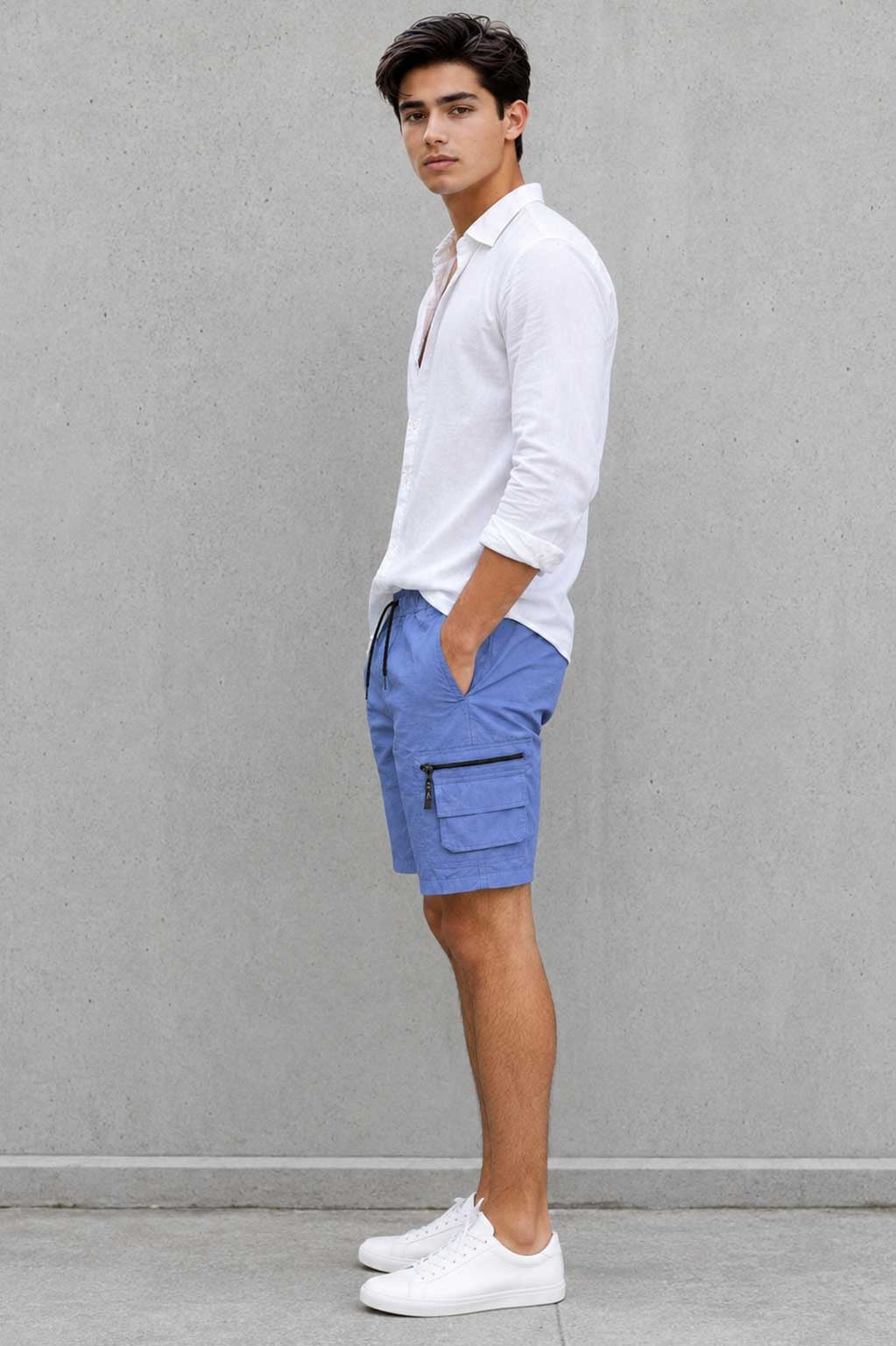 Men’s Cargo Combat Multi Pocket Elastic Waist Lightweight Blue Short
