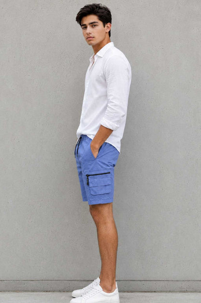Men’s Cargo Combat Multi Pocket Elastic Waist Lightweight Blue Short