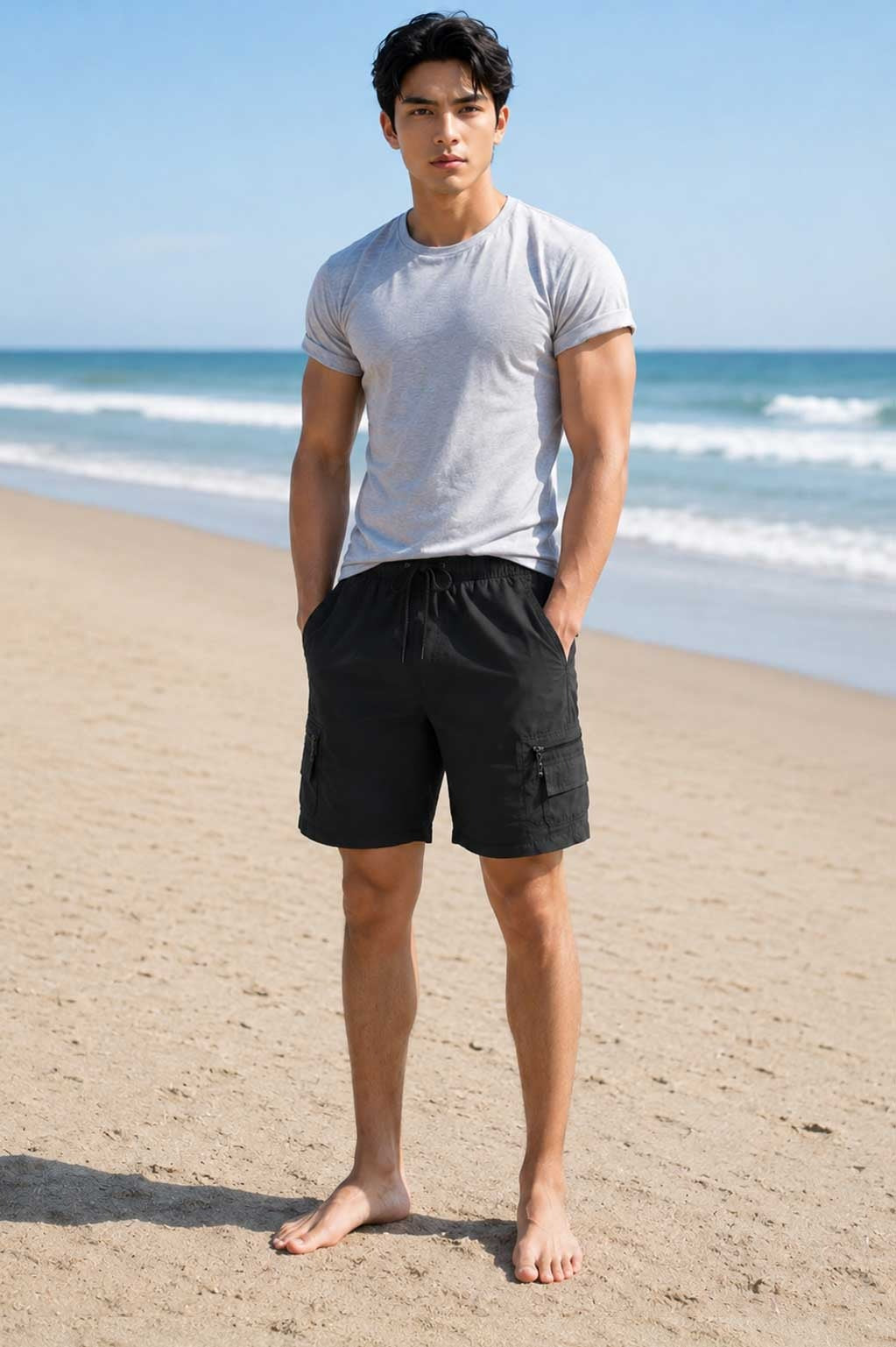 Men's Cargo Combat Black Short – Lightweight Multi Pocket Elastic Waist Casual Short