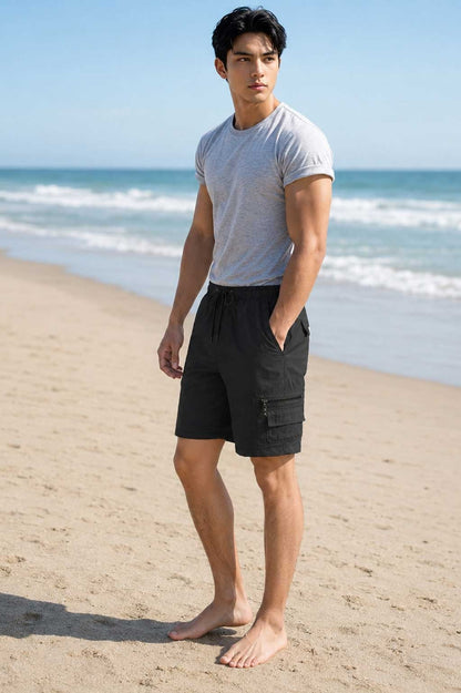 Men's Cargo Combat Black Short – Lightweight Multi Pocket Elastic Waist Casual Short