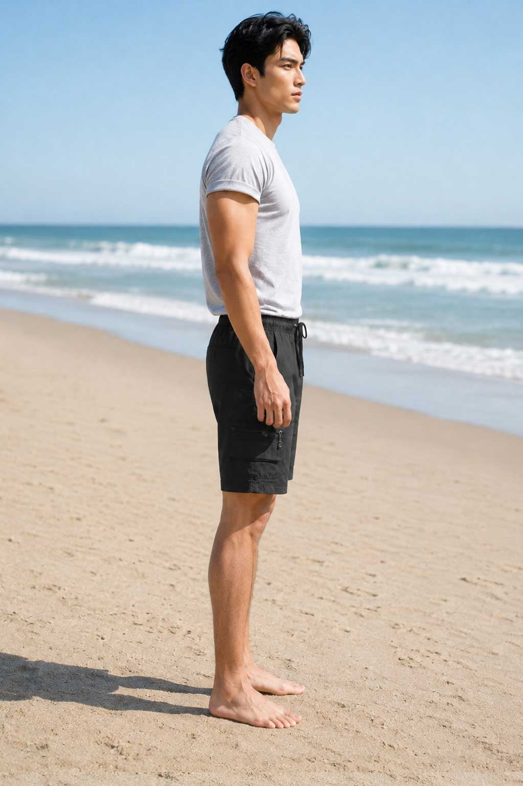 Men's Cargo Combat Black Short – Lightweight Multi Pocket Elastic Waist Casual Short