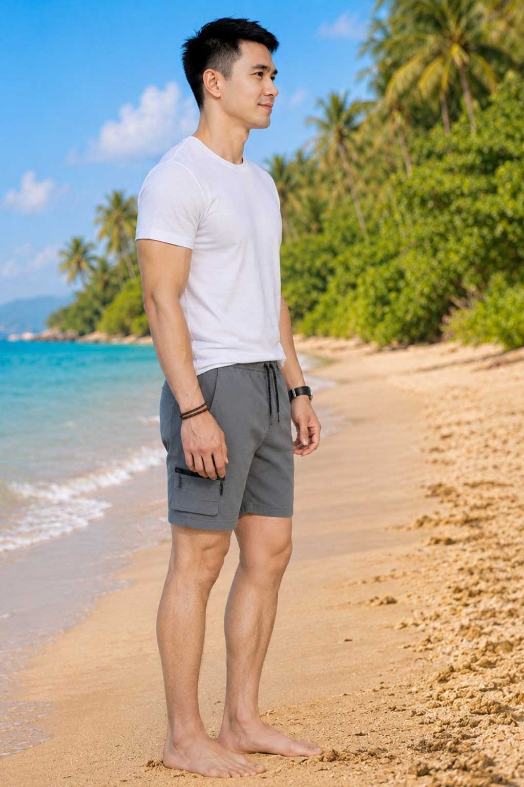 Men's Lightweight Cargo Grey Short with Elastic Waist & Multi Utility Pockets