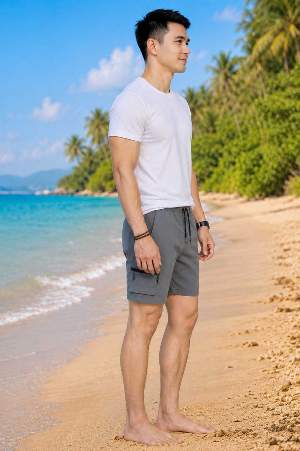 Men's Lightweight Cargo Grey Short with Elastic Waist & Multi Utility Pockets