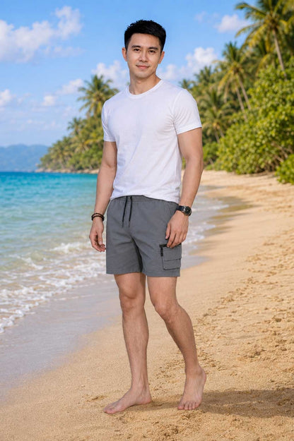 Men's Lightweight Cargo Grey Short with Elastic Waist & Multi Utility Pockets