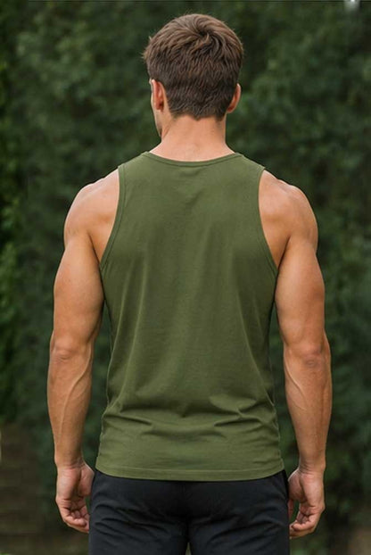 Men's 100% Cotton Tank Top Sleeveless Olive Green Vest Summer Gym Training Casual Undershirt
