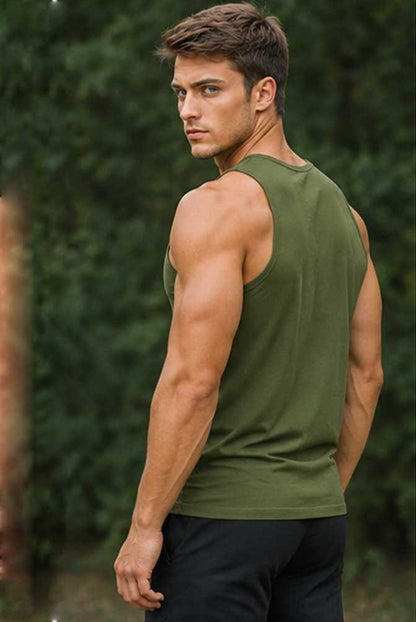 Men's 100% Cotton Tank Top Sleeveless Olive Green Vest Summer Gym Training Casual Undershirt