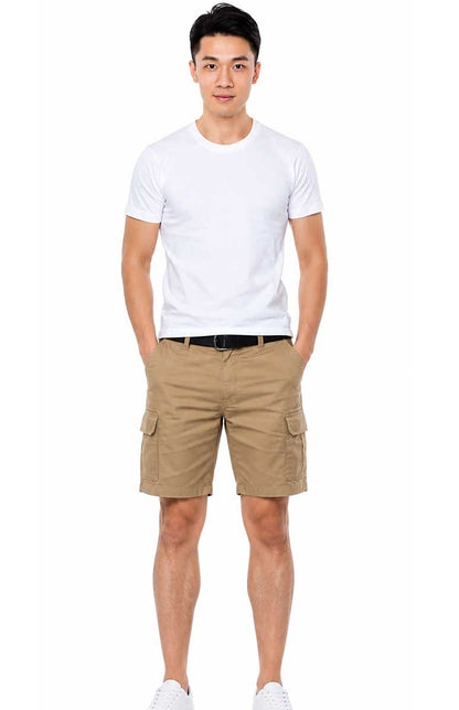 Men's Casual Cotton Twill Belted Multi-Pocket Beige Short for Summer