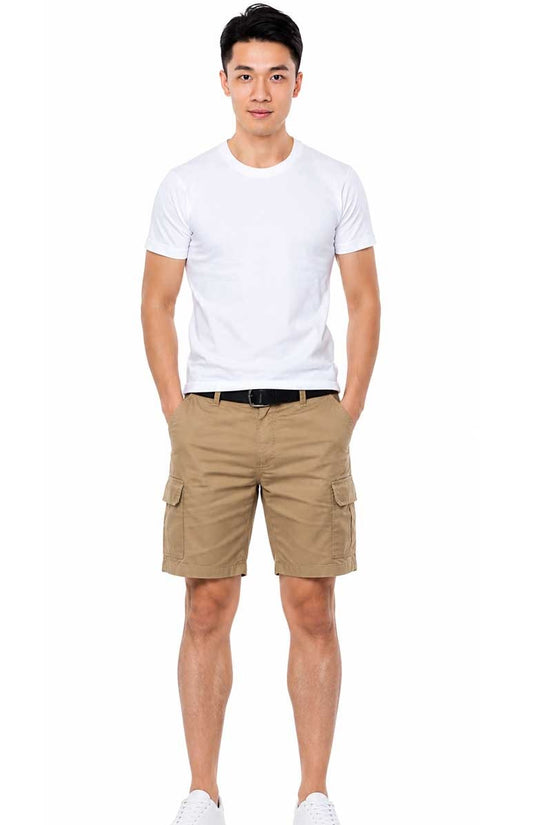 Men's Casual Cotton Twill Belted Multi-Pocket Beige Short for Summer