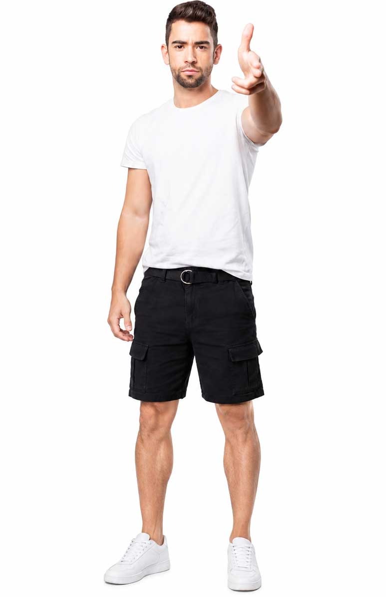 Men’s Lightweight Cotton Twill Multi Pocket Belted Black Short