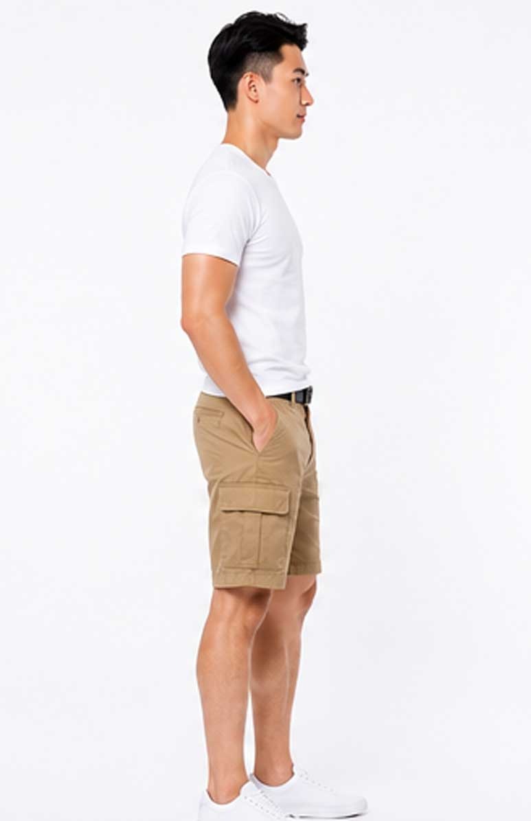 Men's Casual Cotton Twill Belted Multi-Pocket Beige Short for Summer