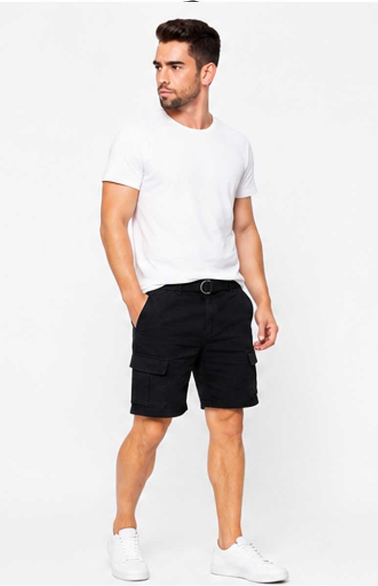 Men’s Lightweight Cotton Twill Multi Pocket Belted Black Short