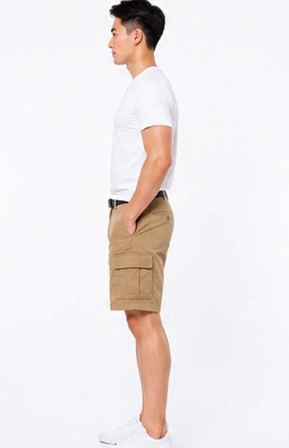 Men's Casual Cotton Twill Belted Multi-Pocket Beige Short for Summer