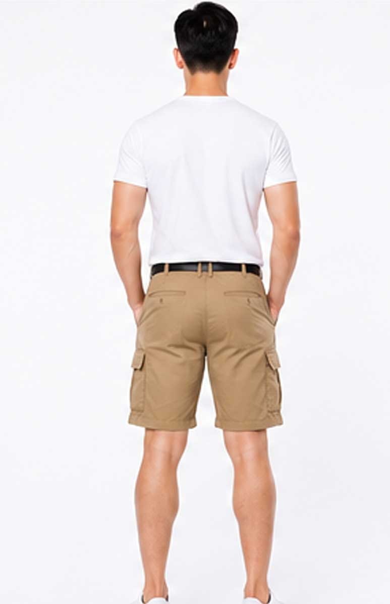 Men's Casual Cotton Twill Belted Multi-Pocket Beige Short for Summer