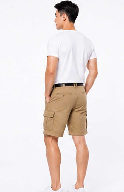 Men's Casual Cotton Twill Belted Multi-Pocket Beige Short for Summer