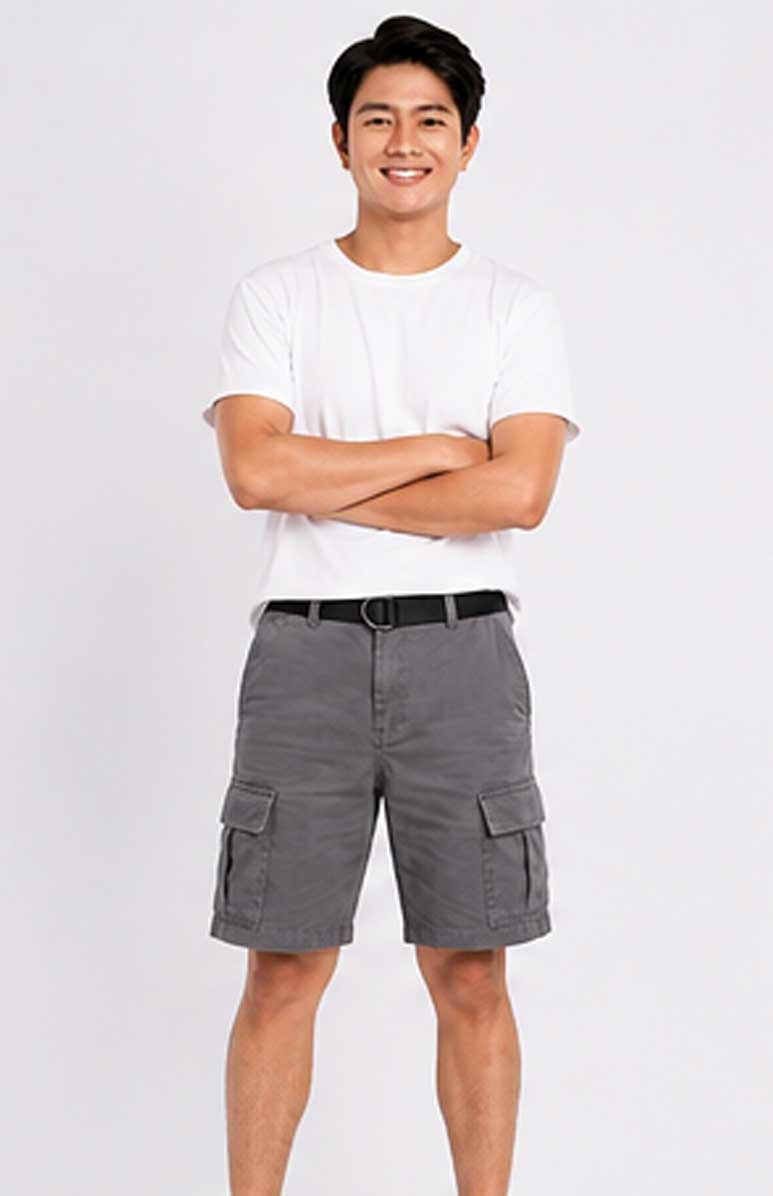 Men's Lightweight Cotton Twill Multi-Pocket Belted Cargo Grey Short