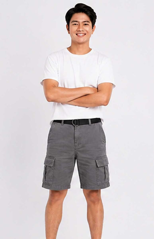 Men's Lightweight Cotton Twill Multi-Pocket Belted Cargo Grey Short